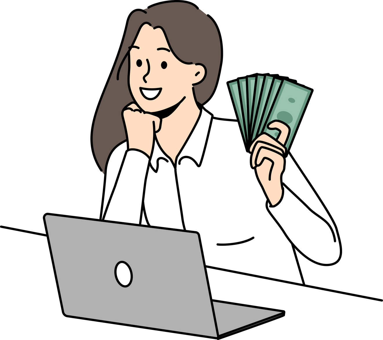 Smiling woman work on laptop online earn money